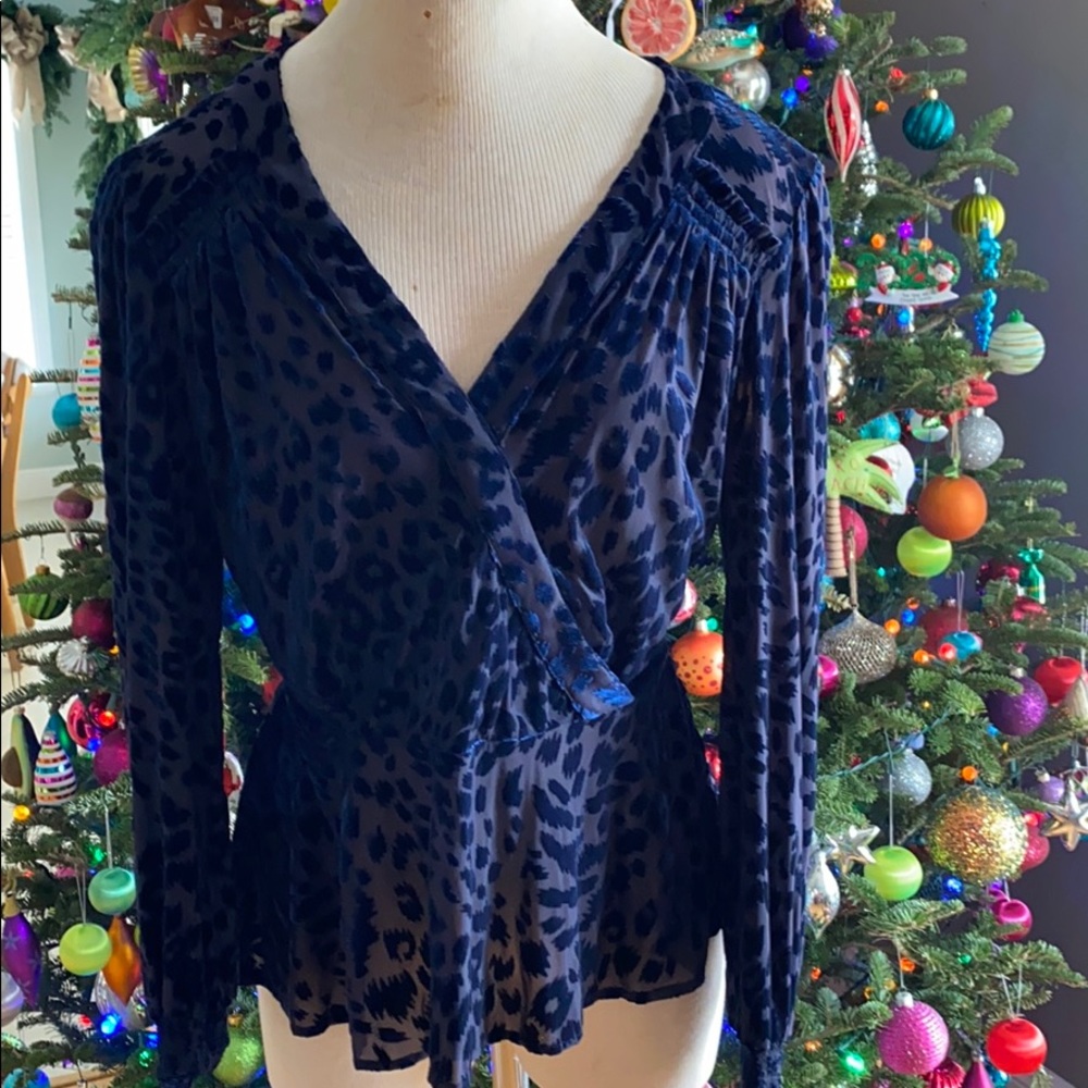 Blue velvet leopard burnout peplum top